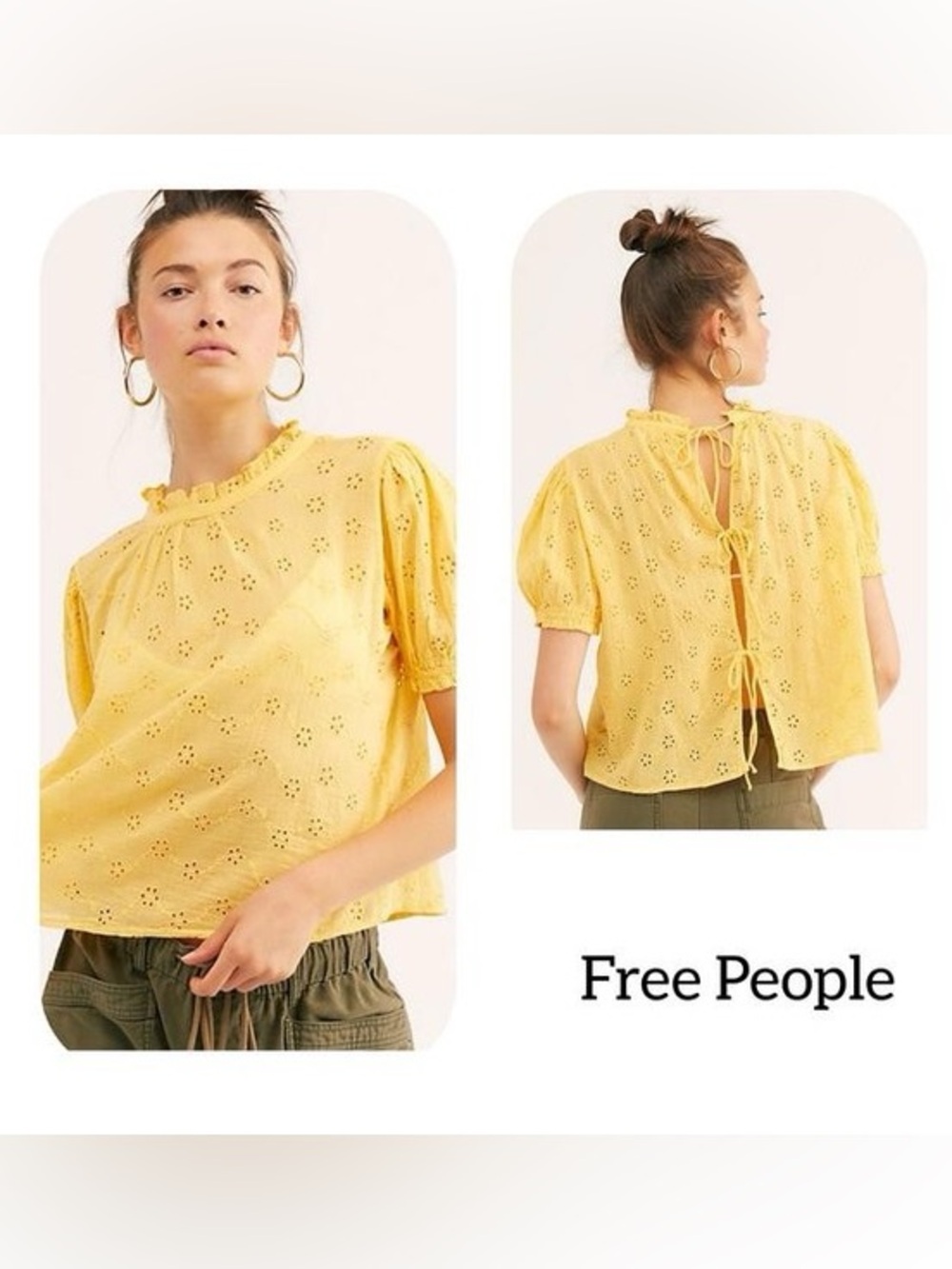 Free People Yellow Eyelet Ruffled Mock-Neck Tie-Back Top